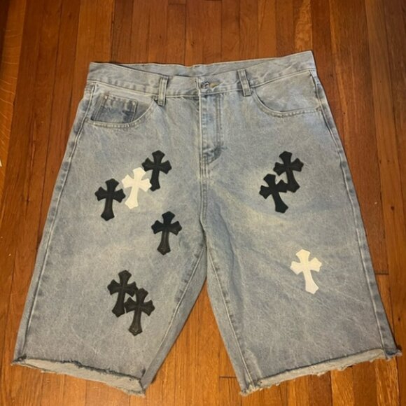 Chrome Hearts Blue and Black Jean Shorts with white and black patches - Picture 1 of 4